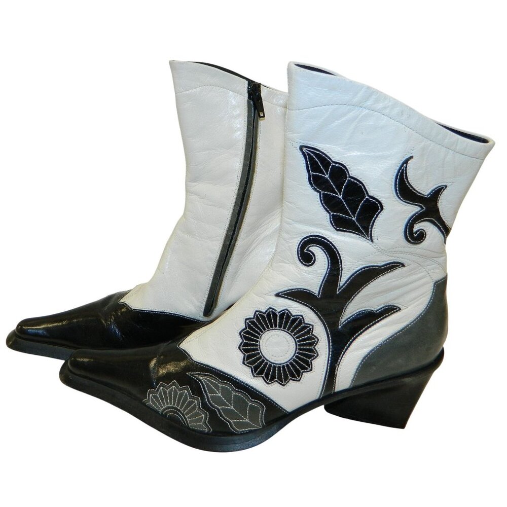 Vtg Goffredo Fantini Boots Sz 7 Black White Leather Ankle Boots Floral Appliqué - Picture 1 of 16